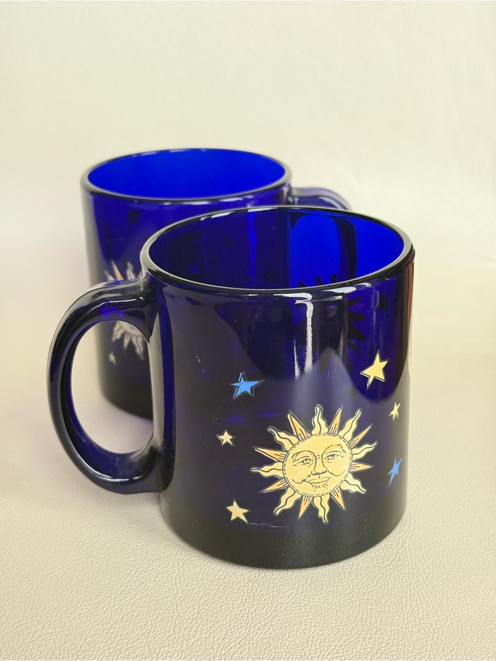 vintage cobalt blue celestial sun and star mugs